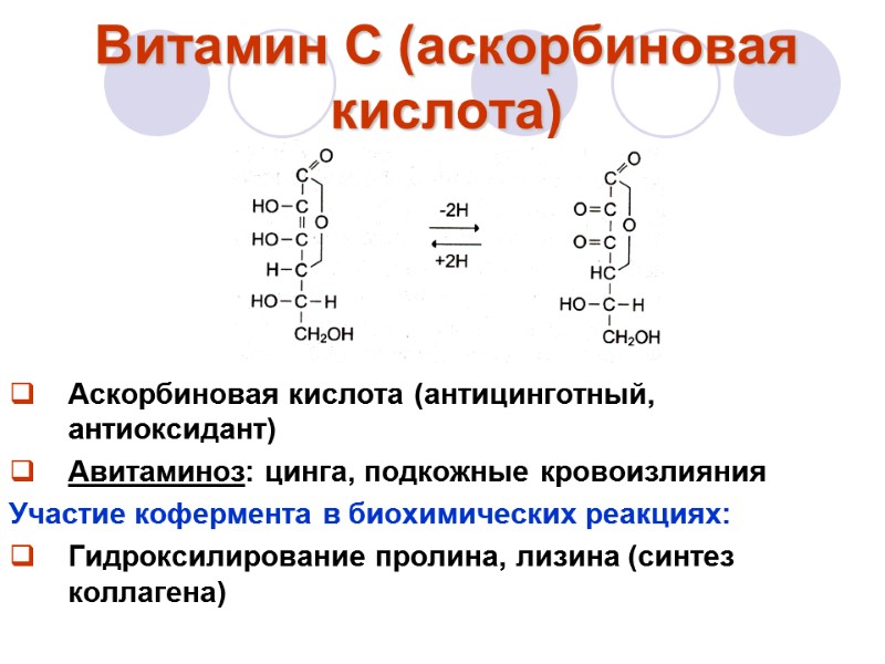 Витамин С (аскорбиновая кислота)      Аскорбиновая кислота (антицинготный, антиоксидант) Авитаминоз: